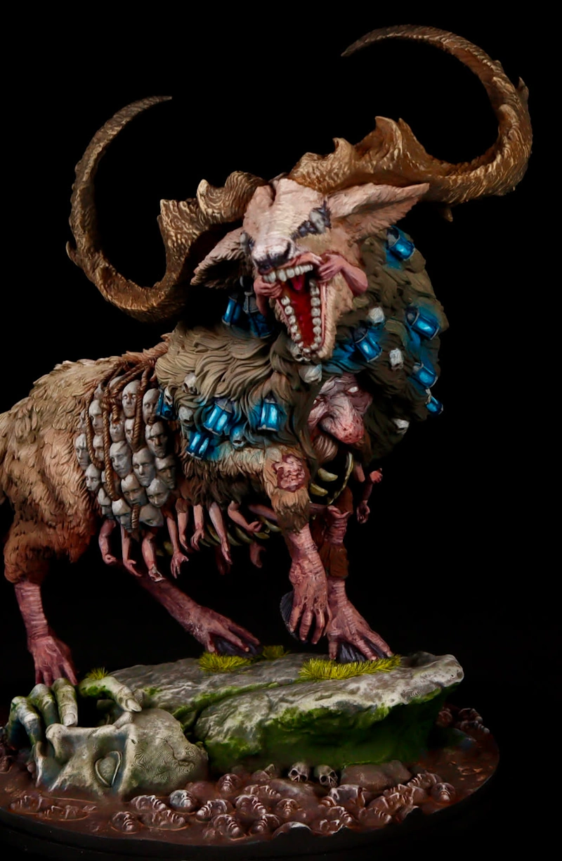 Painted Kingdom Death Screaming God miniature with curved horns, blue glowing vials, severed heads, and scenic base with skulls