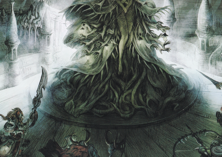 Kingdom Death Parasite Queen showdown artwork showing massive tentacled creature on platform with survivors, used as base design reference