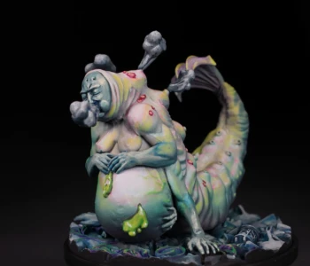 Smog Singer from the Kingdom Death Gambler's Chest expansion, featuring toxic pastel color blending and smoke effects Painted Kingdom Death Smog Singer from Gambler's Chest with pastel green, pink, and yellow skin, smoke clouds, mermaid-like tail with eyes, on dark organic base