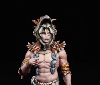 Allister, a starting survivor from the People of the Nest campaign in the Kingdom Death Gryphon expansion Painted Kingdom Death Allister starting survivor from People of the Nest campaign, Gryphon expansion, with feathered hood, face trophies, copper bands, and blue lantern
