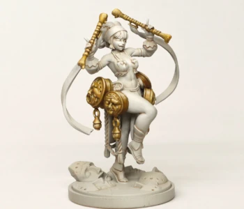 Ledla, an Indomitable Survivor from Kingdom Death, painted to match the official 3D render box art style Painted Kingdom Death Ledla Indomitable Survivor in box art 3D render style with grey skin and gold accents, dancing pose with ribbons, drums, and bells