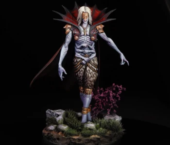 The Pariah, a monster from the Kingdom Death Pariah expansion, on a scenic base with pink cherry blossoms Painted Kingdom Death Pariah monster with pale purple skin, spiked red membrane collar, golden mask, feathered skirt, face kneepads, and scenic base with cherry blossoms