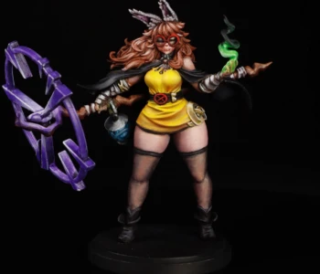 Party Mage, an unreleased model from Kingdom Death, featuring dual magic effects and vibrant color scheme Painted Kingdom Death Party Mage unreleased model with red glasses, orange hair, yellow dress, purple arcane sigil, and green smoke magic effects