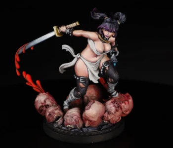 Goth, a Wanderer from Kingdom Death, with dynamic blood splatter and gruesome severed head base Painted Kingdom Death Goth Wanderer with purple hair, katana with blood splatter effect, white dress, black thigh-highs, standing on pile of severed heads