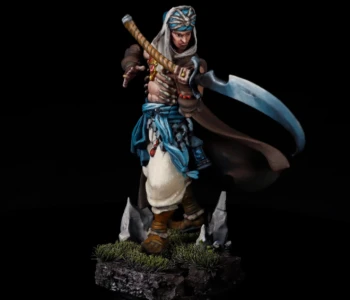 Badar, an Indomitable Survivor from Kingdom Death, featuring flowing cloak and curved blade Painted Kingdom Death Badar Indomitable Survivor with curved sword, teal sash and headwrap, flowing brown cloak, and scenic rocky base with grass tufts